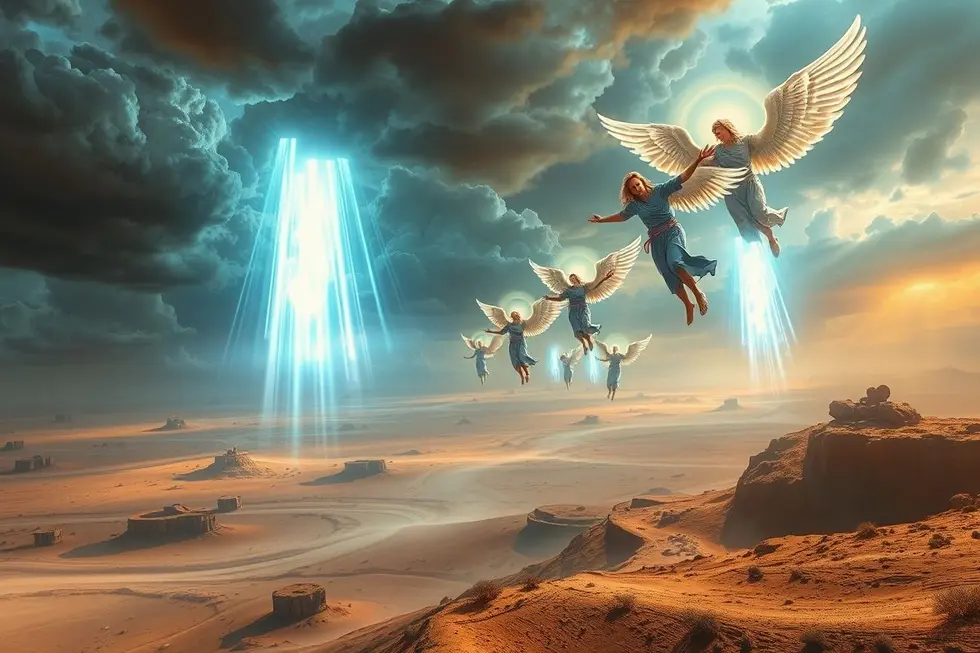 Representação artística de eventos celestiais no Antigo Testamento, ilustrando a intersecção entre o sobrenatural e o extraterrestre.