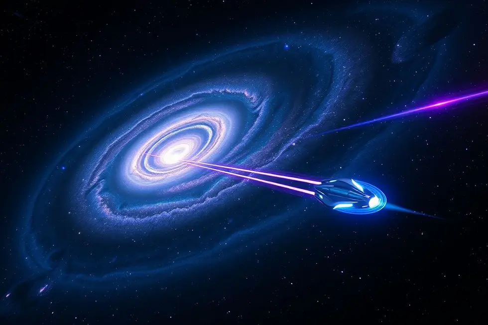 Uma vista cósmica com um OVNI percorrendo o espaço