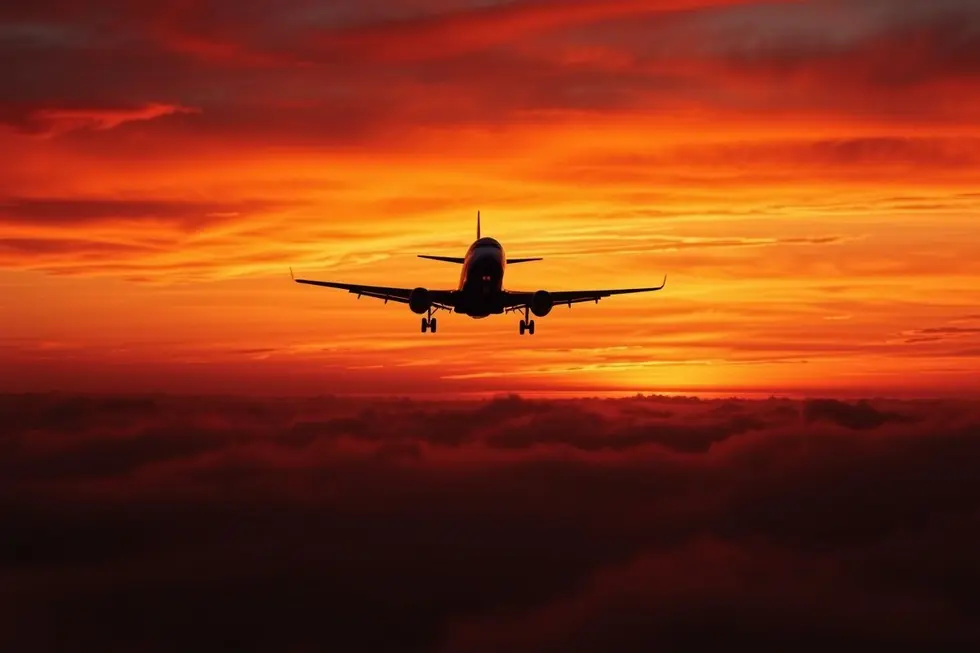 Avião voando em direção a um pôr do sol enigmático.