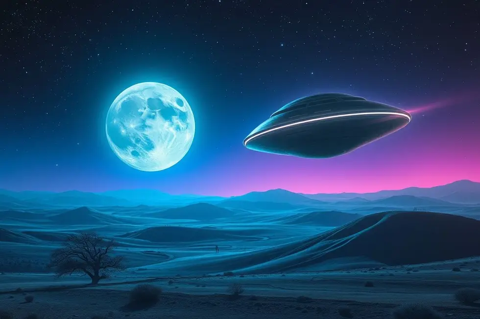 Nave alienígena sobre uma paisagem fascinante sob um céu estrelado.