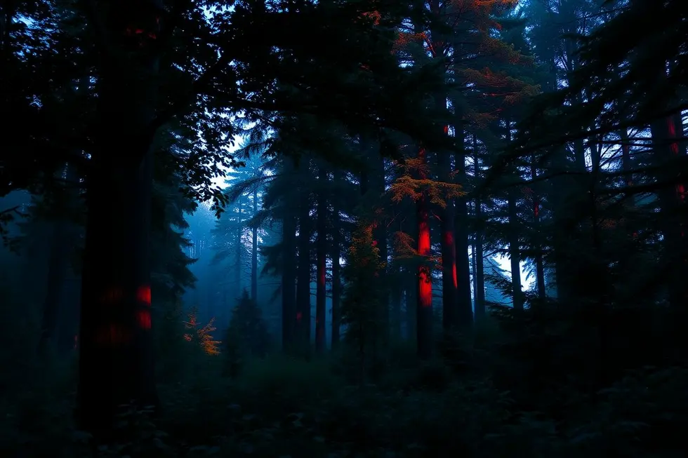 Floresta ao anoitecer, convidando à exploração e mistério.