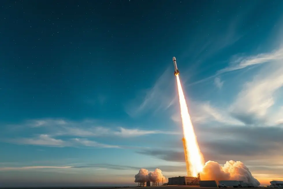 Imagem da espaçonave New Shepard da Blue Origin subindo ao espaço com um céu noturno esplendoroso ao fundo.