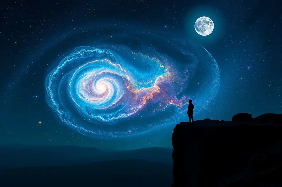 Uma figura observando uma galáxia, simbolizando a busca por respostas no universo.