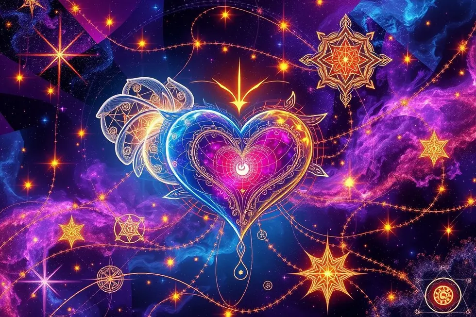 Símbolos de amor e espiritualidade envolvendo elementos místicos.