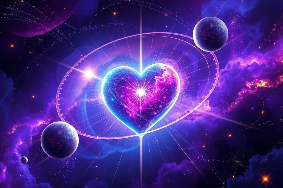 Uma representação cósmica de um coração irradiando luz, simbolizando o amor e a espiritualidade.