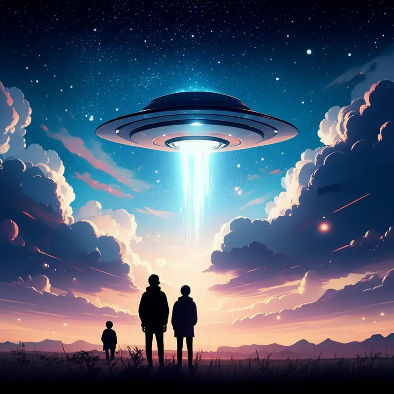 Céu estrelado com nave espacial e figuras enigmáticas buscando o sobrenatural.