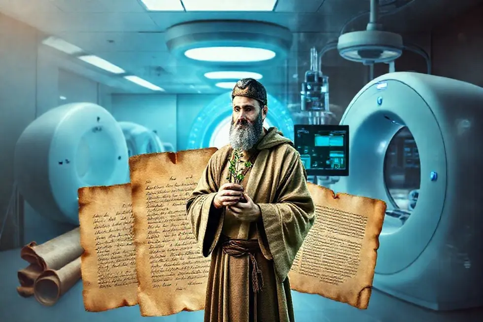 Colagem com representações da medicina antiga, medieval e moderna.
