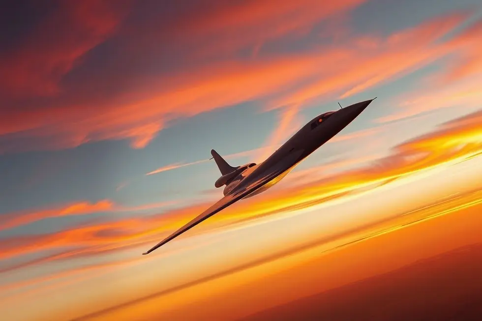 Concorde voando sob um céu vibrante ao pôr do sol.