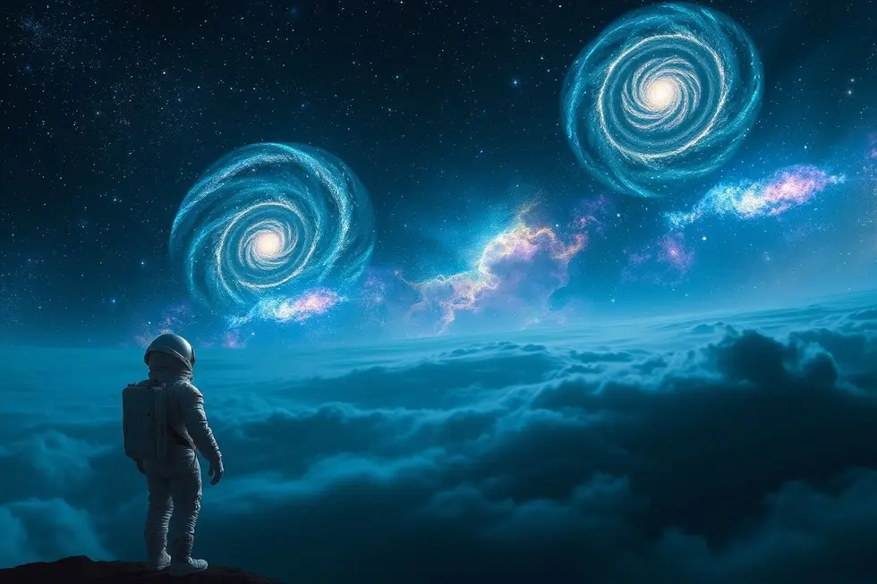 Astronauta contemplando o cosmos, simbolizando a busca por respostas.