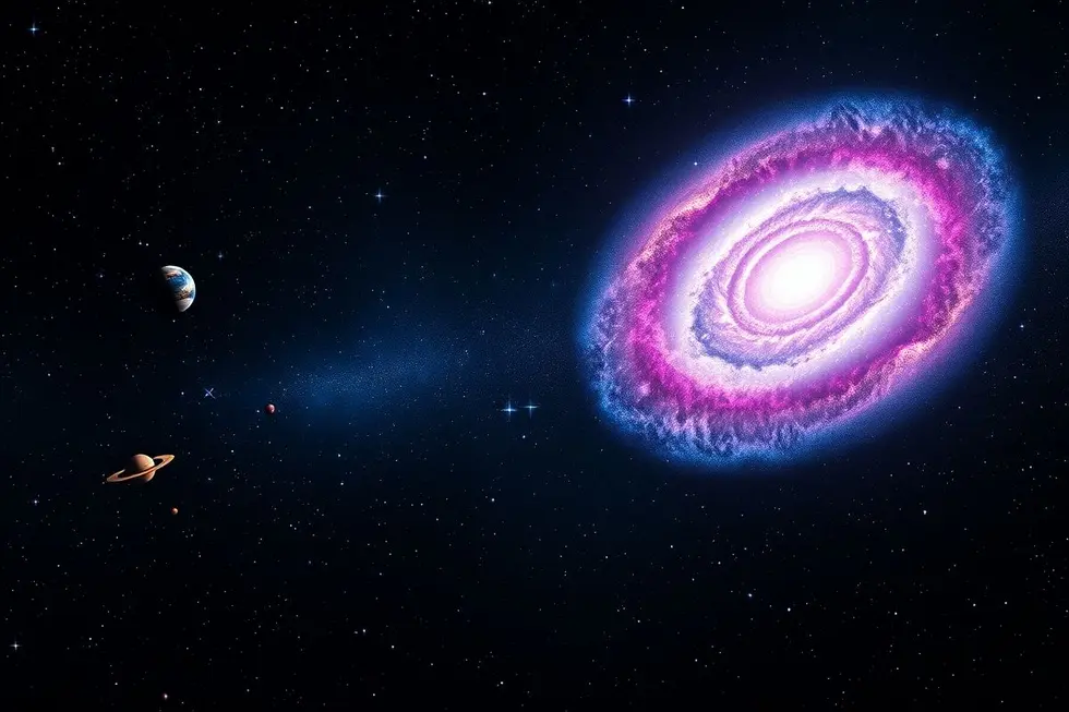 Cenário cósmico com estrelas e galáxias.