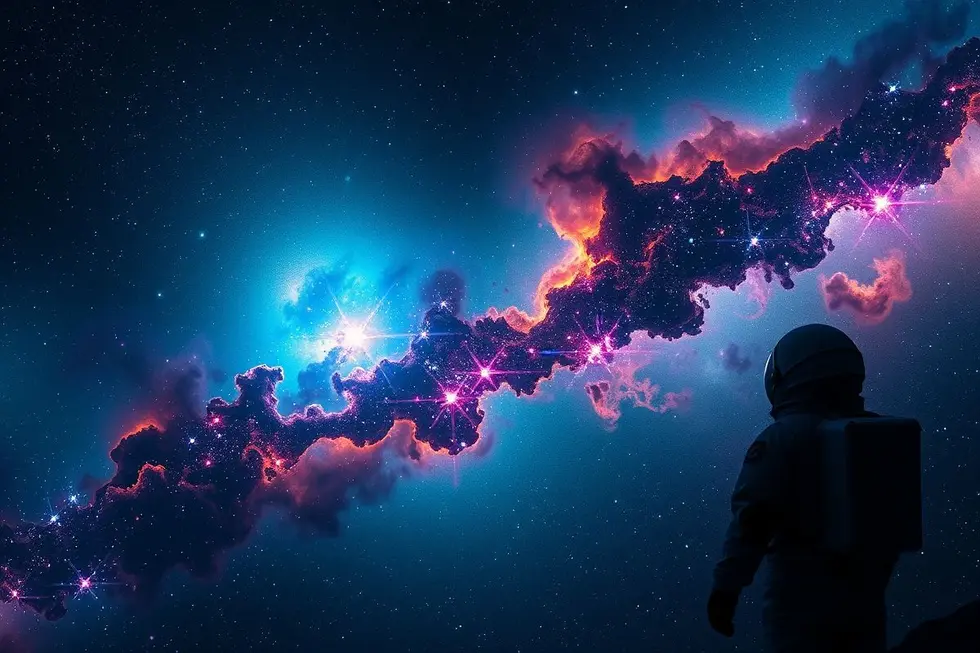 Astronauta admirando o universo, com nebulas e estrelas vibrantes ao fundo, refletindo sobre a possibilidade de vida extraterrestre.