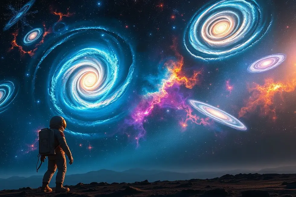 Imagem de um astronauta em um cenário cósmico observando as galáxias.