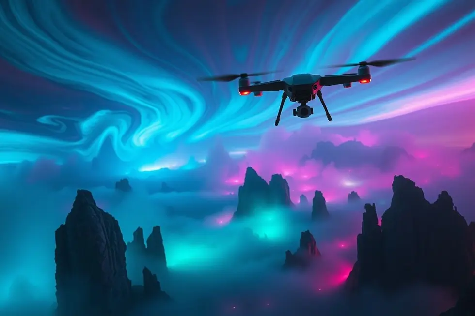 Drone sobrevoando um campo cheio de fenômenos luminosos desconhecidos.