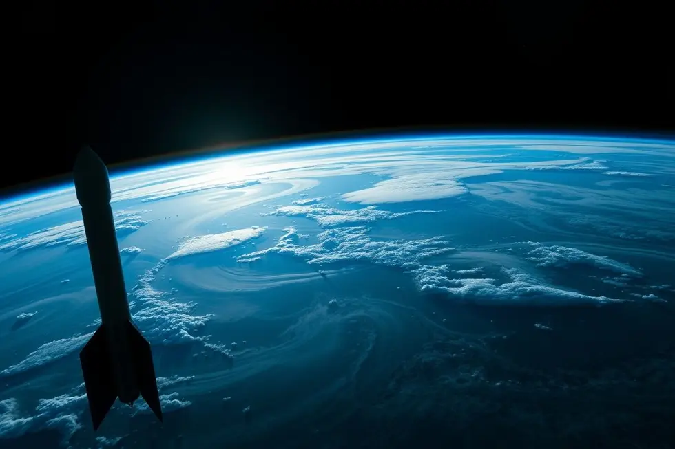 A vista da Terra do espaço com um foguete SpaceX em destaque.