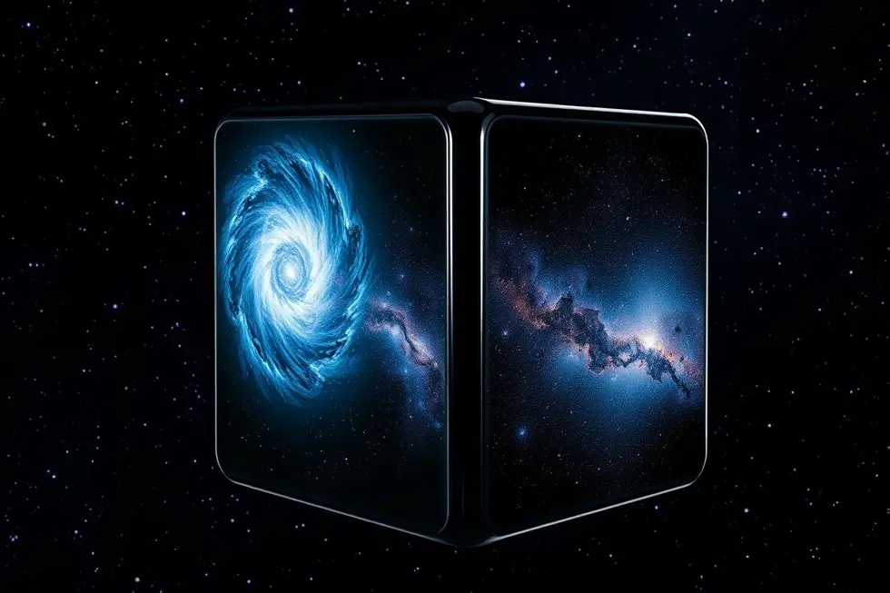 Cubo preto ilustrando o mistério do universo, com uma paisagem cósmica refletida em sua superfície.