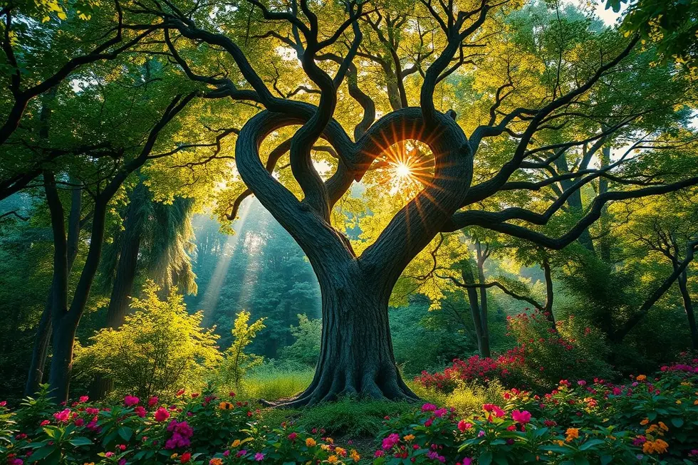 Árvore em forma de coração simbolizando o crescimento do amor conectado à espiritualidade.