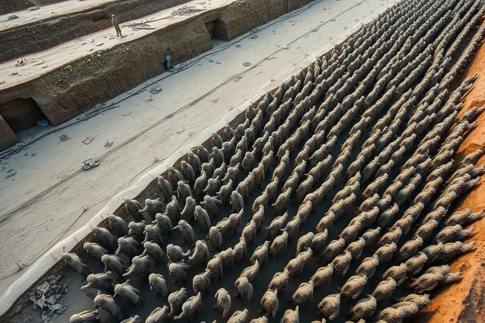 Vista panorâmica do exército de terracota sob iluminação suave.