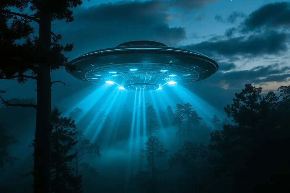 Um UFO brilhante pairando sobre uma floresta misteriosa.