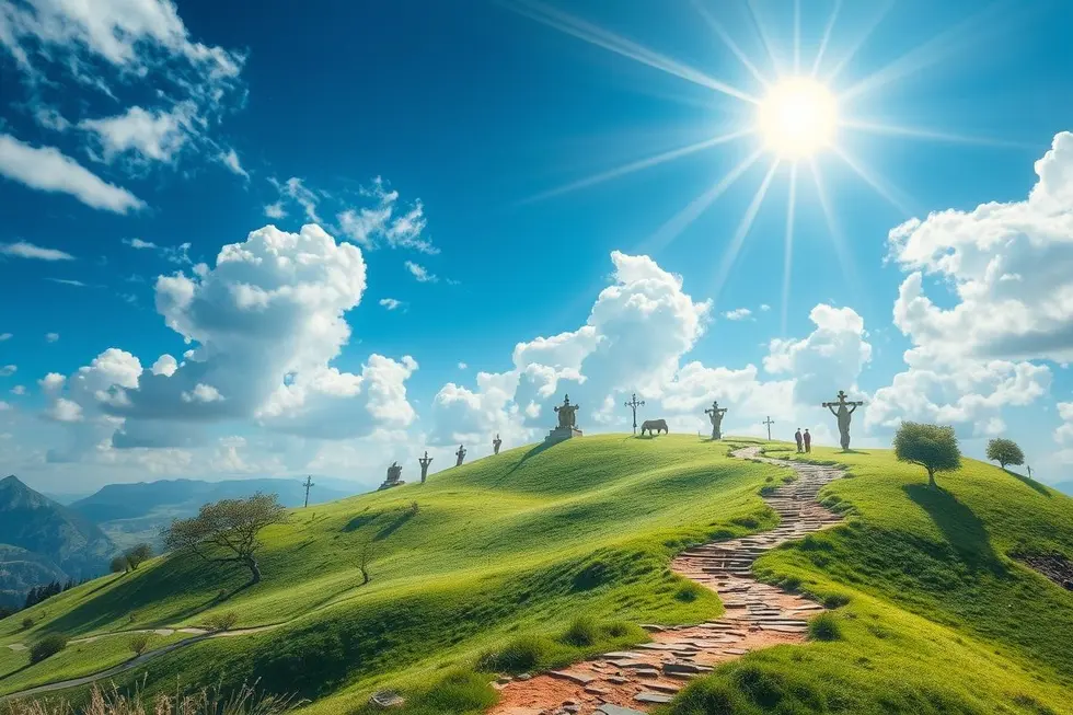 Um panorama espiritual que simboliza a união de diferentes filosofias e práticas espirituais.