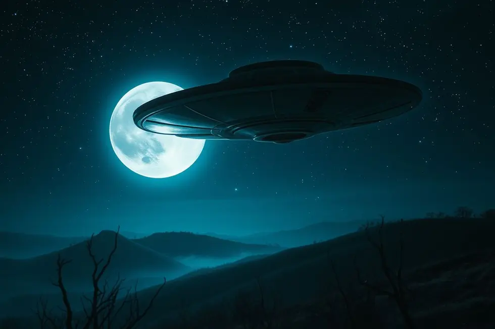 Close-up de um UFO pairando sobre uma paisagem misteriosa sob a luz da lua.