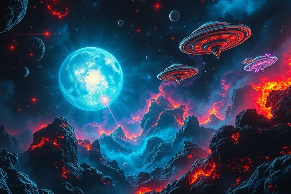 OVNIs navegando em um espaço cósmico vibrante.