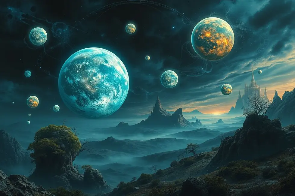 Paisagem com esferas misteriosas flutuantes em diversos ambientes.