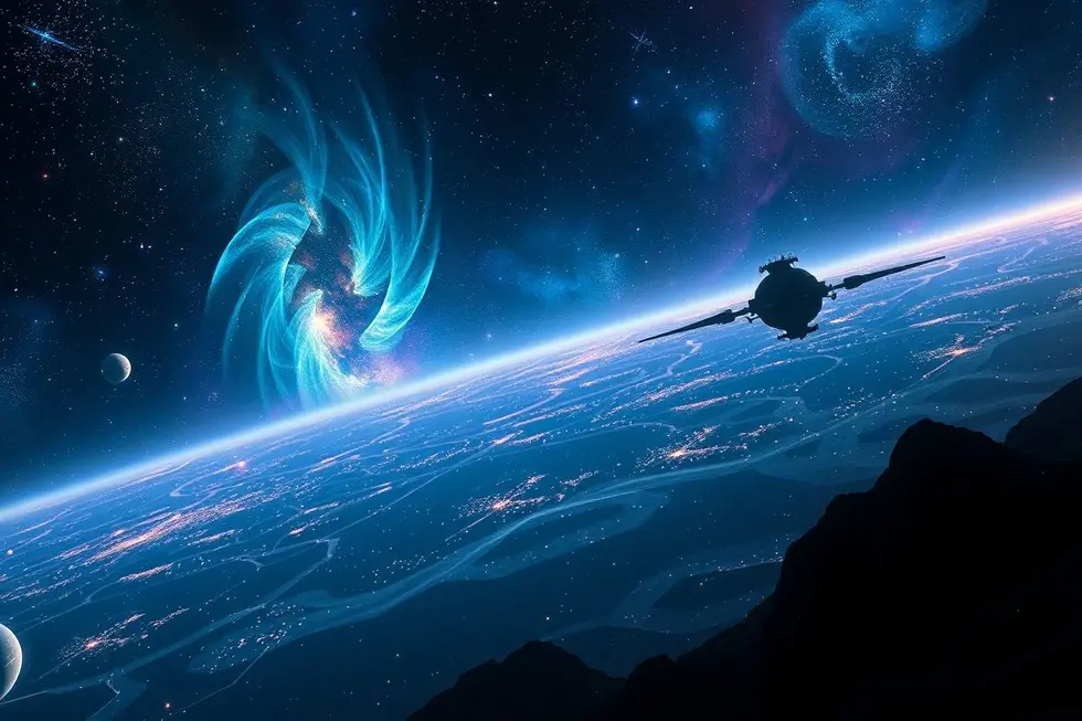 Paisagem cósmica com estrelas e a tecnologia de Dyson ao fundo.