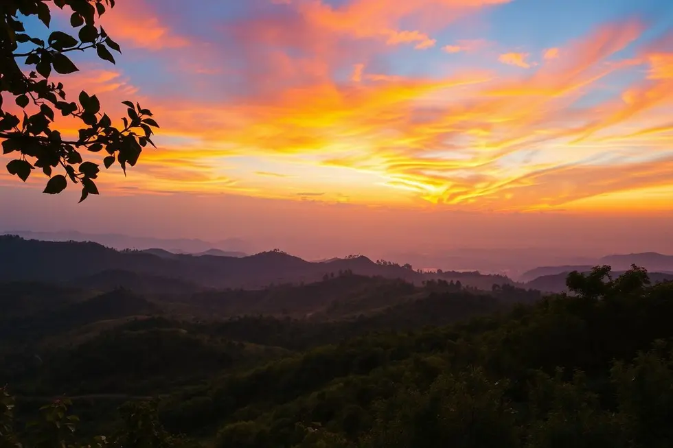 Uma paisagem com um pôr do sol brilhante.