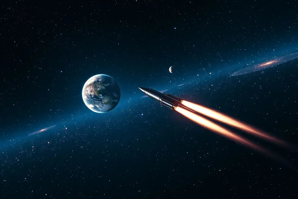 Um foguete da SpaceX voando pelo céu estrelado.