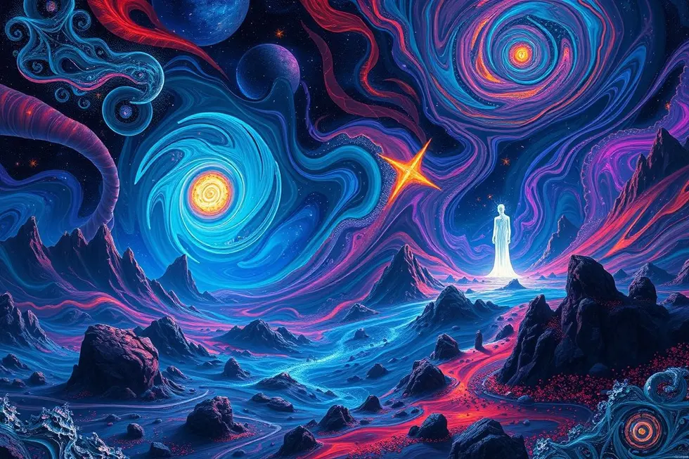 Paisagem surreal que ilustra a intersecção entre a realidade e o sobrenatural.