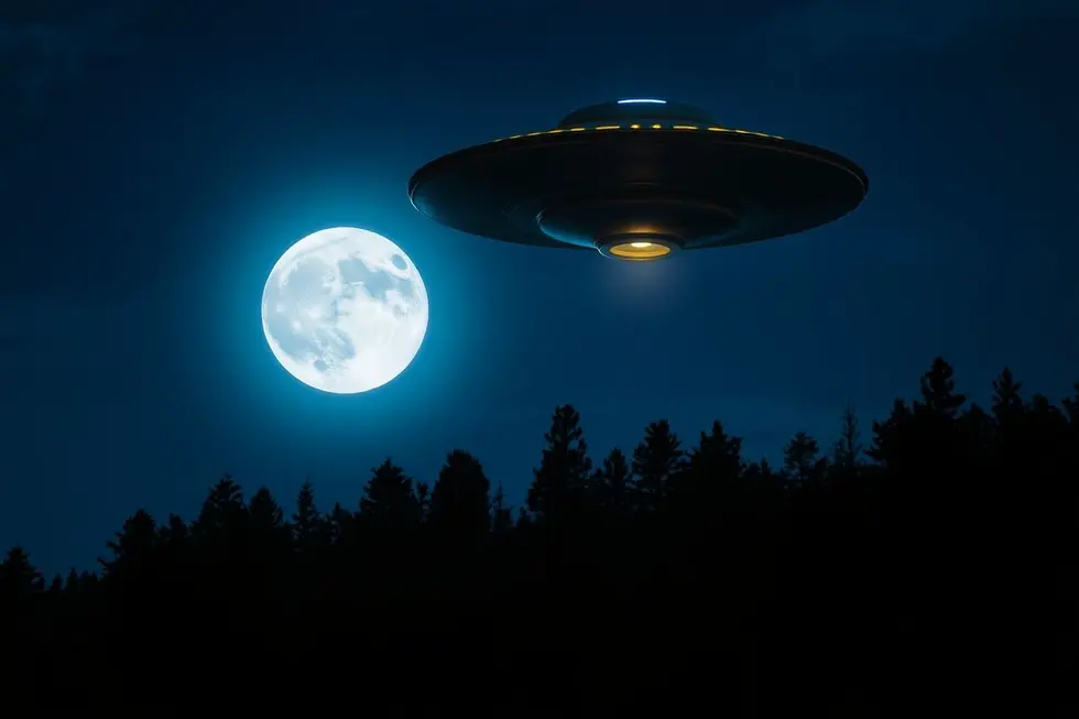 UFO pairando sobre uma floresta à noite.