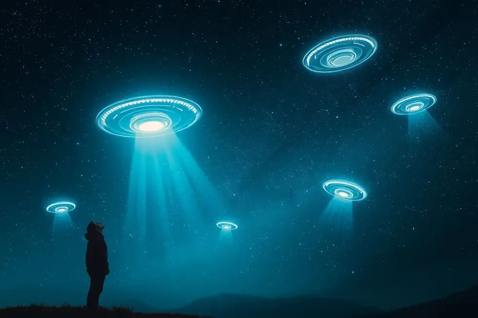 Cena noturna com UFOs, simbolizando a busca por respostas sobre a vida extraterrestre.
