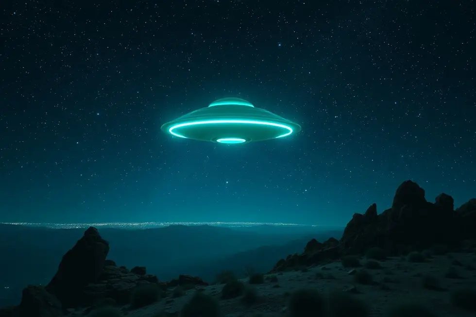 Imagem que ilustra a exploração de OVNIs sob um céu estrelado.