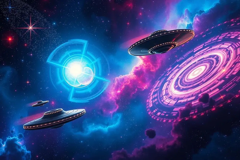 Uma pintura do espaço exterior, combinando elementos de ufologia.