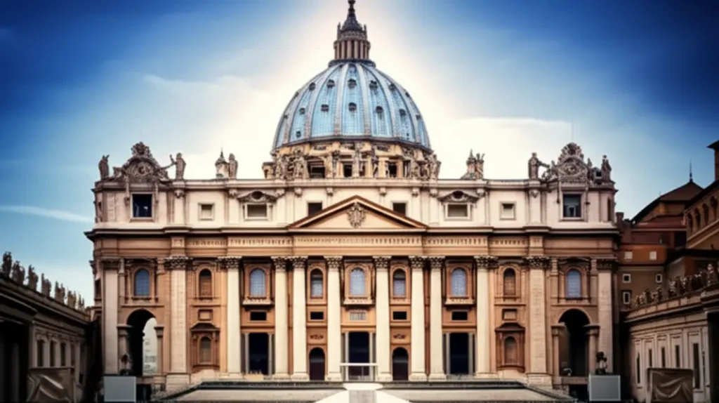 A Basílica de São Pedro com uma luz etérea, simbolizando o misticismo do Vaticano.
