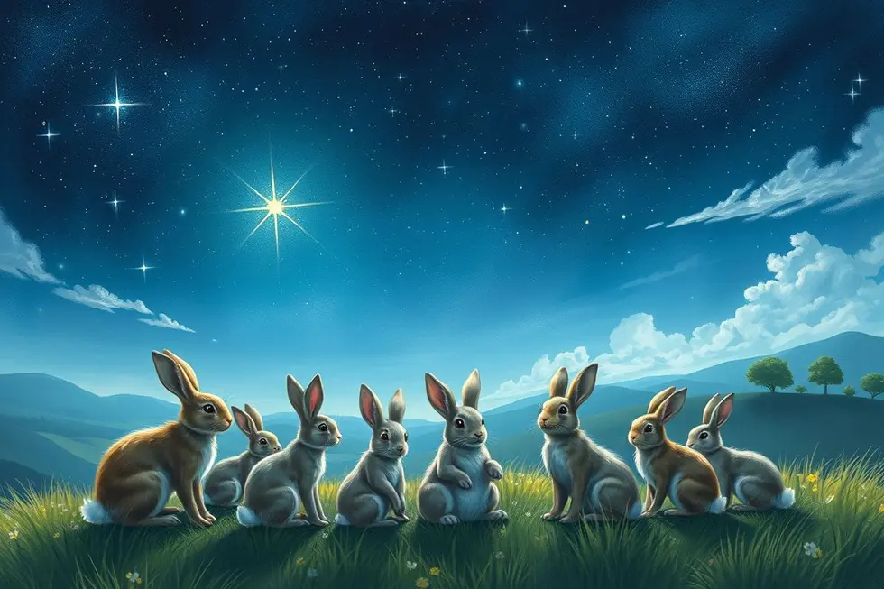 Cena mágica de coelhos reunidos sob um céu noturno.