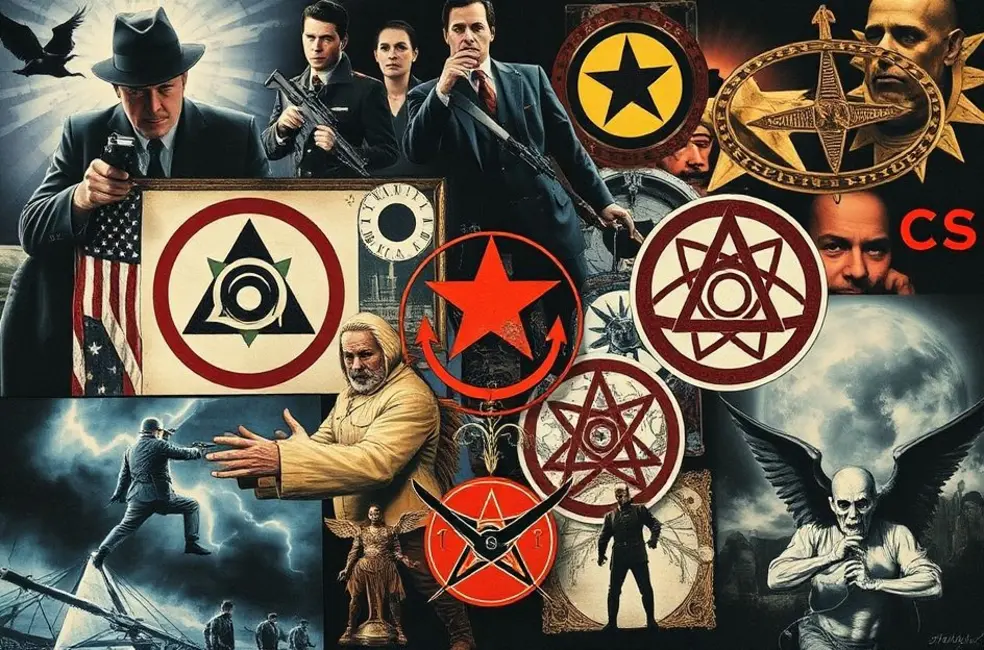 Um colagem de atividades de espionagem e símbolos sobrenaturais.