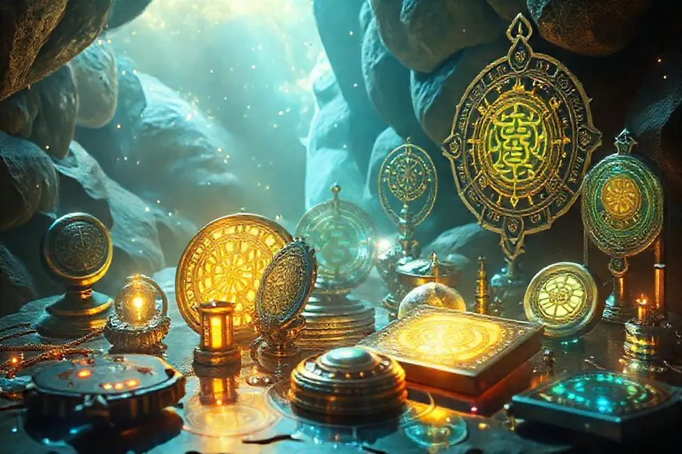 Artefatos culturais antigos fundindo-se com gadgets futurísticos.