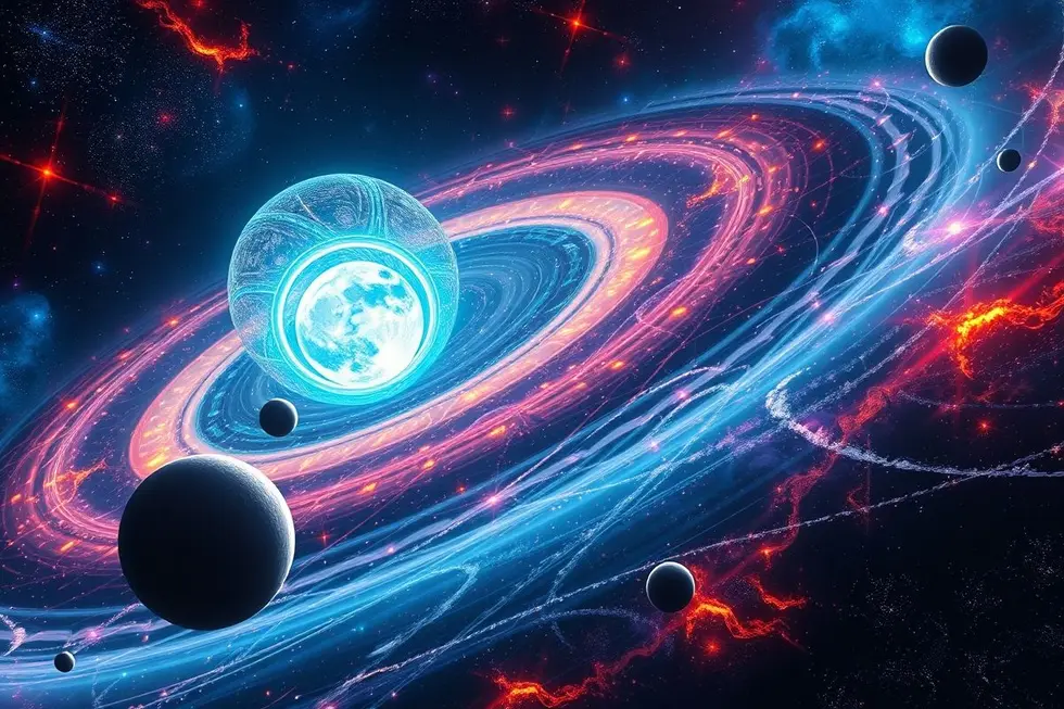 Imagem vibrante de uma paisagem cósmica com uma sonda alienígena.