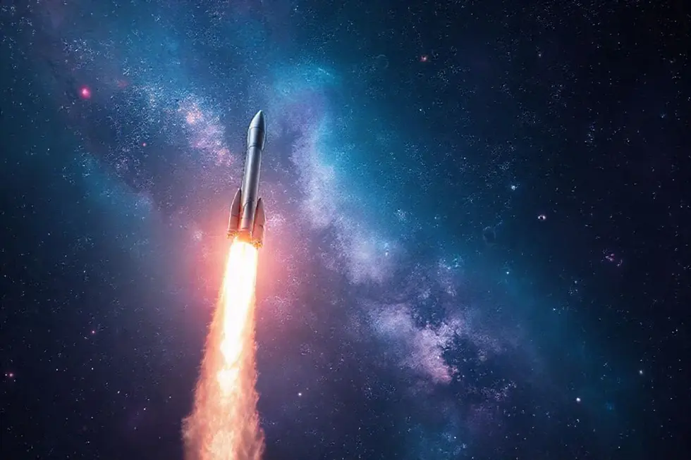 Representação da exploração espacial com o foguete Falcon 9.