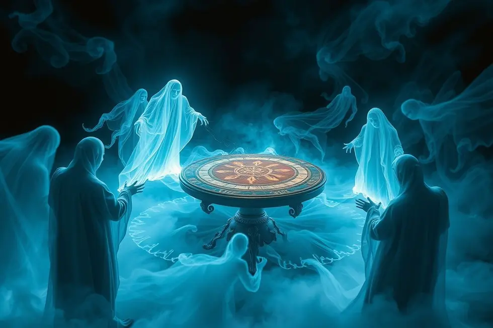 Uma mesa girante envolta em luz etérea e figuras fantasmagóricas.