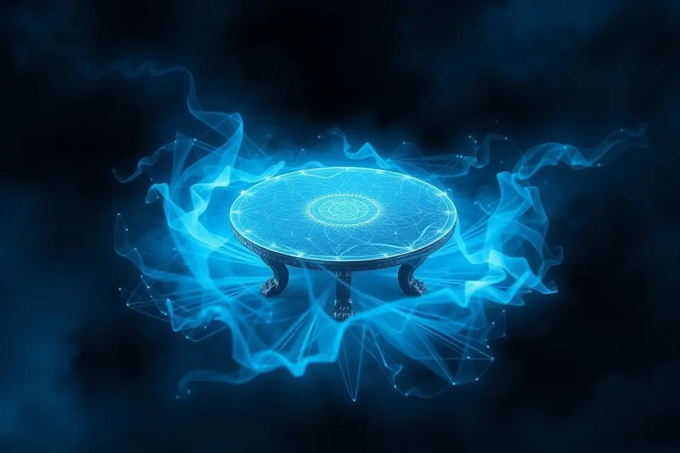 A mystical round table with an ethereal glow.