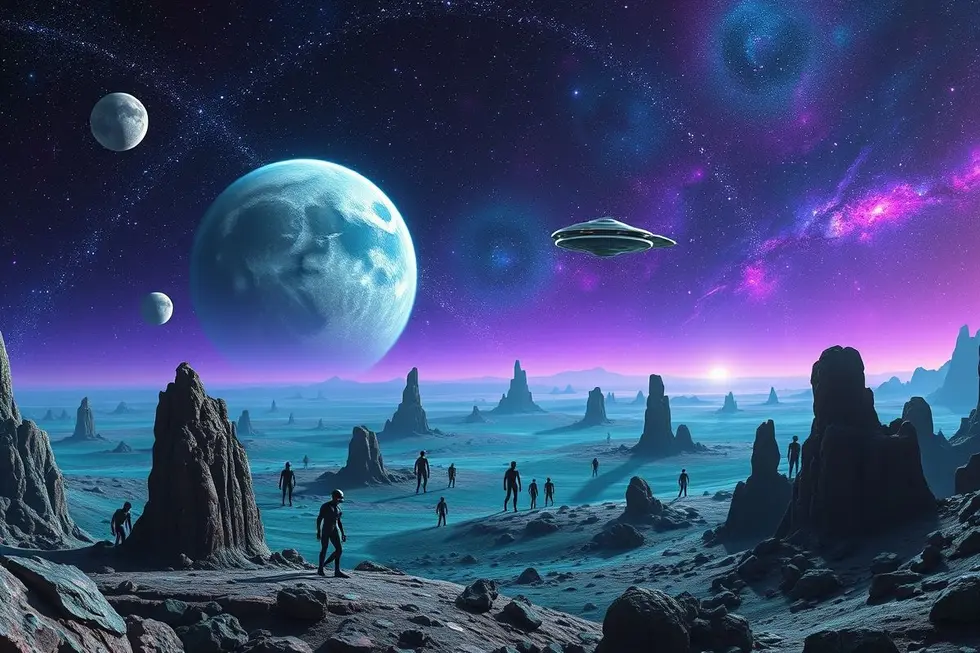 Um panorama cósmico repleto de estrelas e nebulosas, evocando a relação entre espionagem e o sobrenatural.