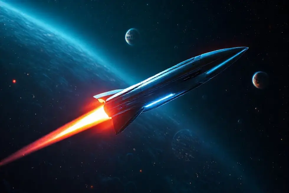 Foguete no espaço cercado por planetas brilhantes e estrelas.