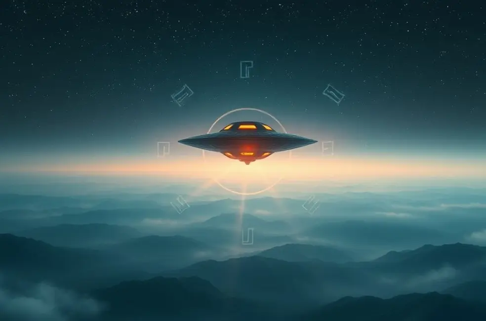 Imagem de um objeto voador não identificado pairando sobre uma paisagem etérea.