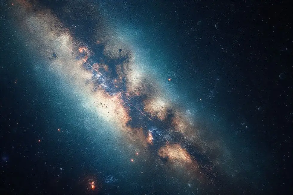 Uma cena cósmica vasta simbolizando a busca por comunicação extraterrestre.